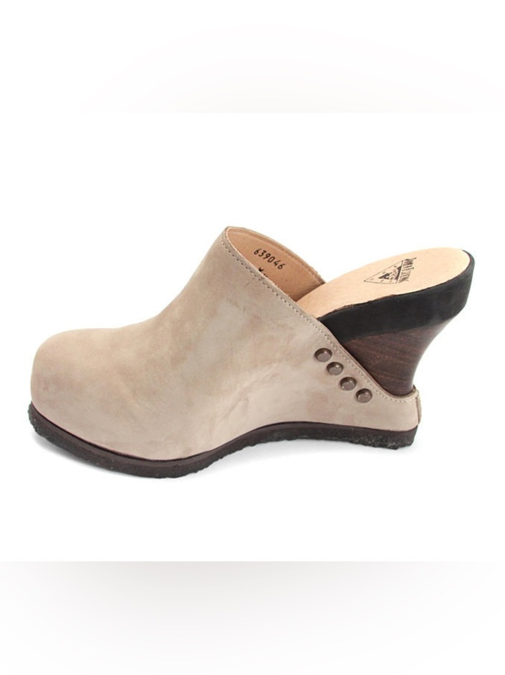 John Fluevog Taupe Suede Wedge Clog Mules